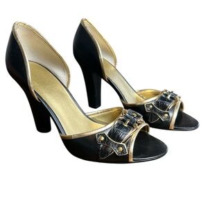Nine West Black Leather Open Toe D’Orsay Heels Gold Buckle Women’s Size 8